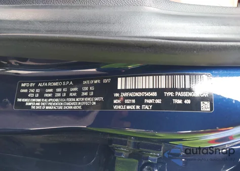 2017 Alfa Romeo Giulia Awd z USA, uszkodzony, nr VIN ZARFAEDN2H7545488